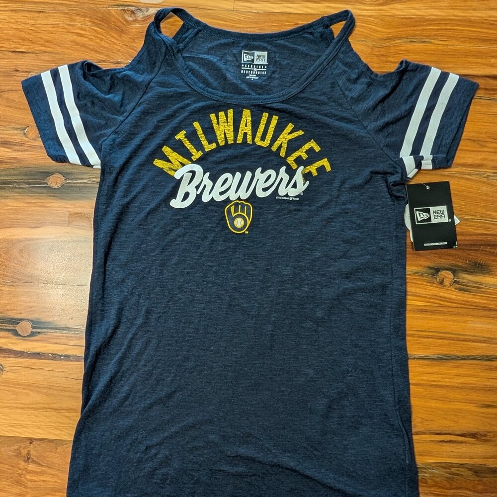 NWT New Era Milwaukee Brewers Blue Women's Open Shoulder T-Shirt Small